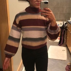 Flattering fuzzy striped turtle neck sweater